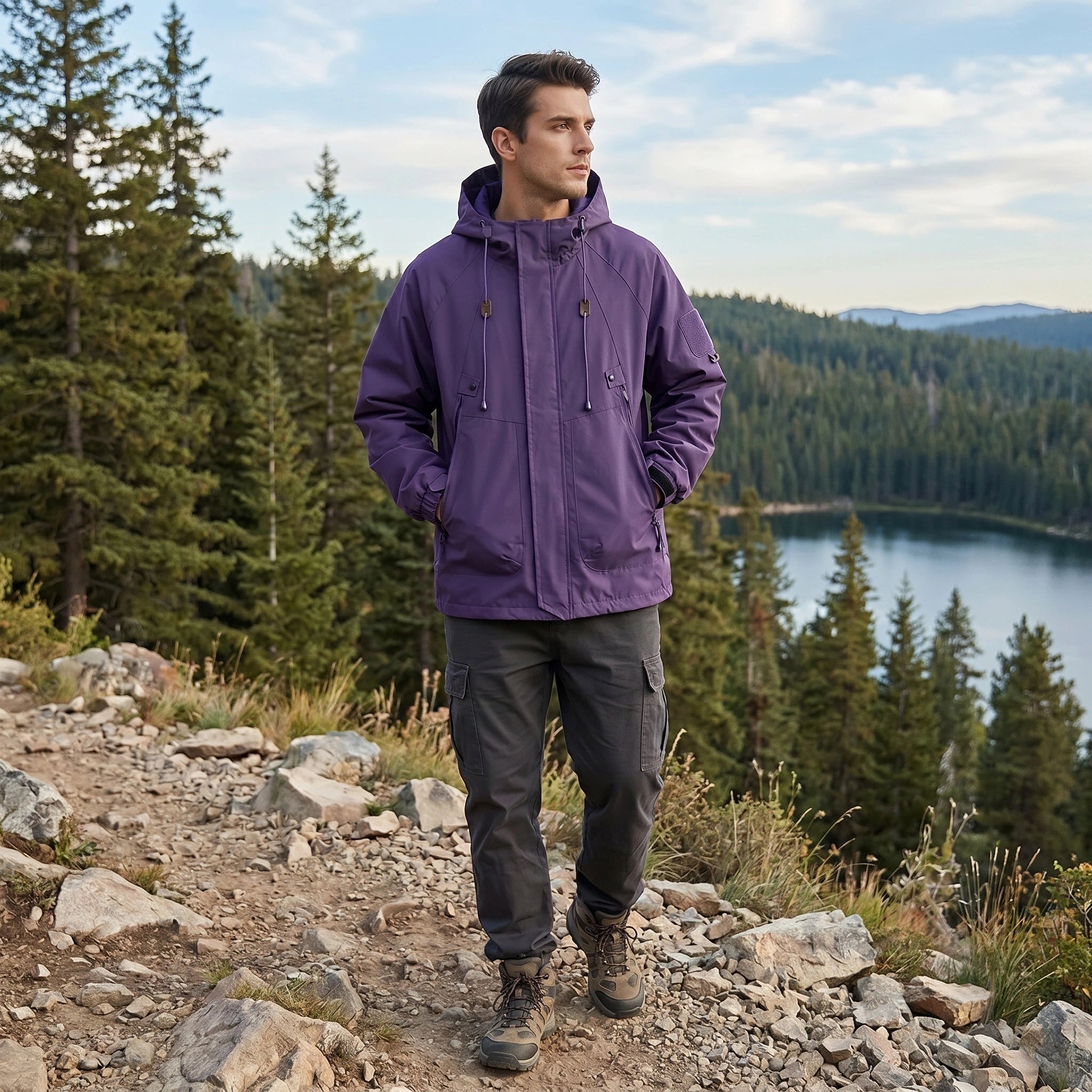 Close up of the men's casual relaxed autumn hooded jacket showing the rich fabric texture and precise stitching details against a neutral background.