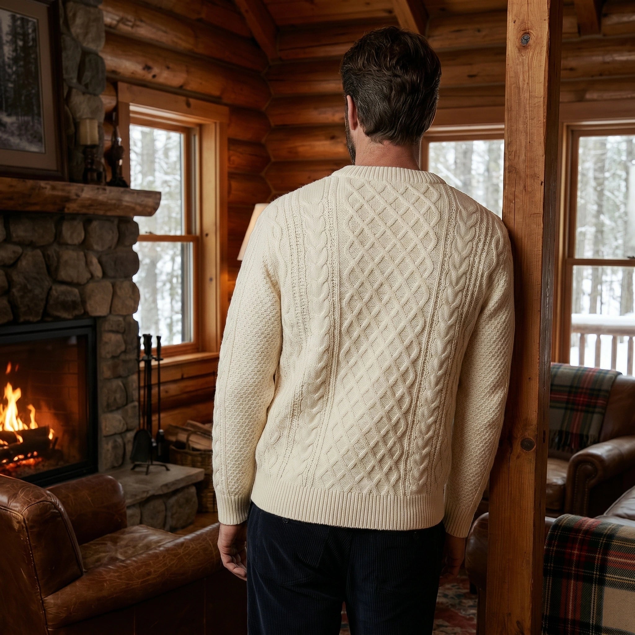Close up view of the Mens Cozy Cable Knit Sweater showing intricate cable knit texture and stitching details in a colorful against a neutral background.