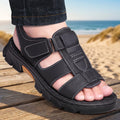 Close up view of the durable fabric and precise stitching on the men's summer sandals, showing their quality and attention to .