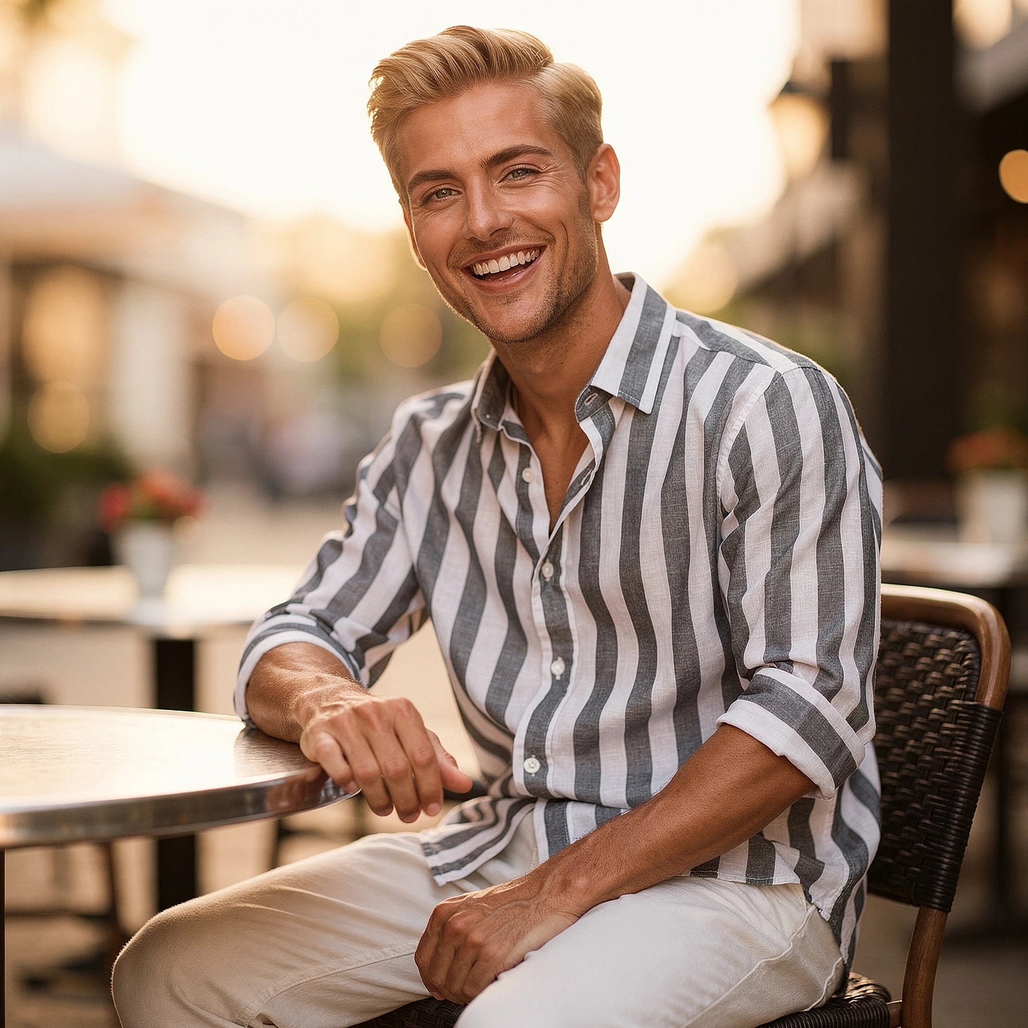 View of a casual striped button down shirt featuring blue and white stripes, lightweight fabric, and a relaxed fit