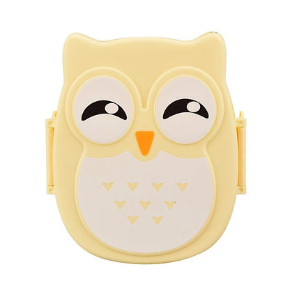 View of a playful, sturdy plastic lunch box for kids, featuring bright colors and a fun owl design