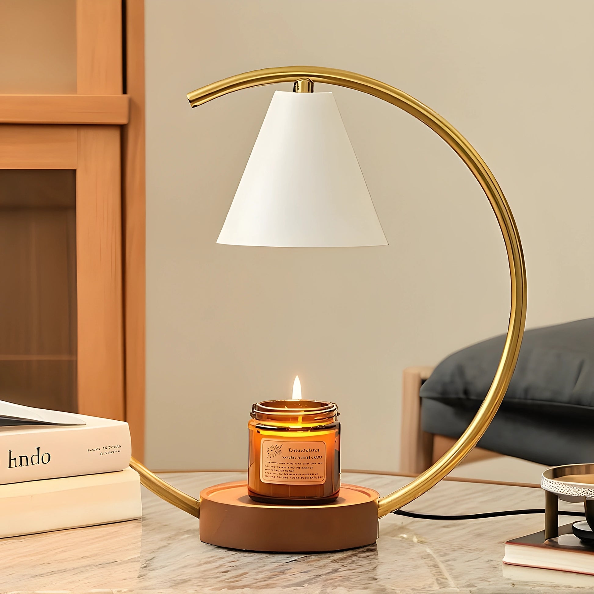 View of a sculptural dimmable candle warmer table lamp in earthy tones, featuring a textured ceramic base and elegant design