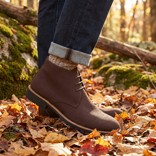 Back view of Men's Casual Lace Up Ankle Boots showing the detailed stitching, sturdy construction, and rich brown leather against a neutral background.