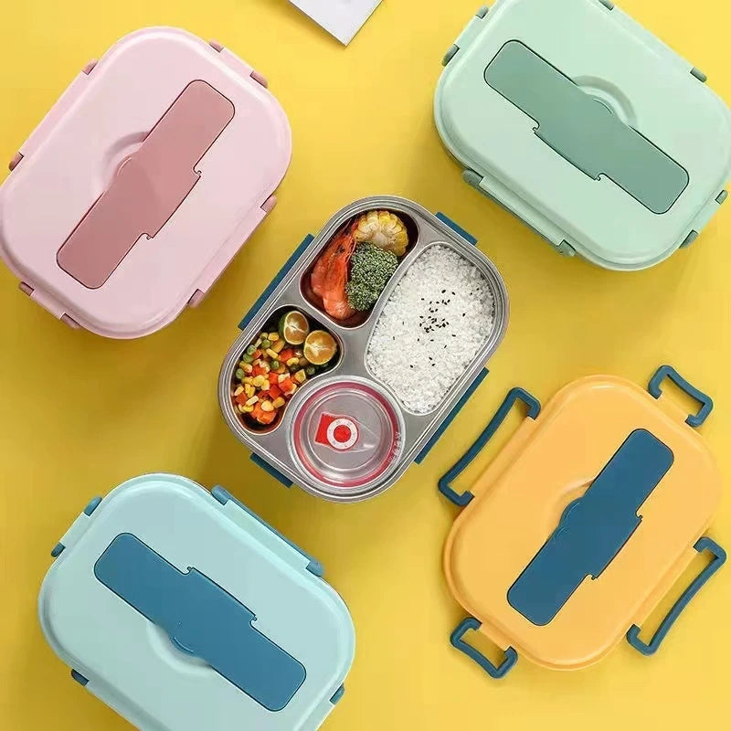 View of a modern stainless steel lunch box with a sleek design, featuring a secure lid and insulated interior