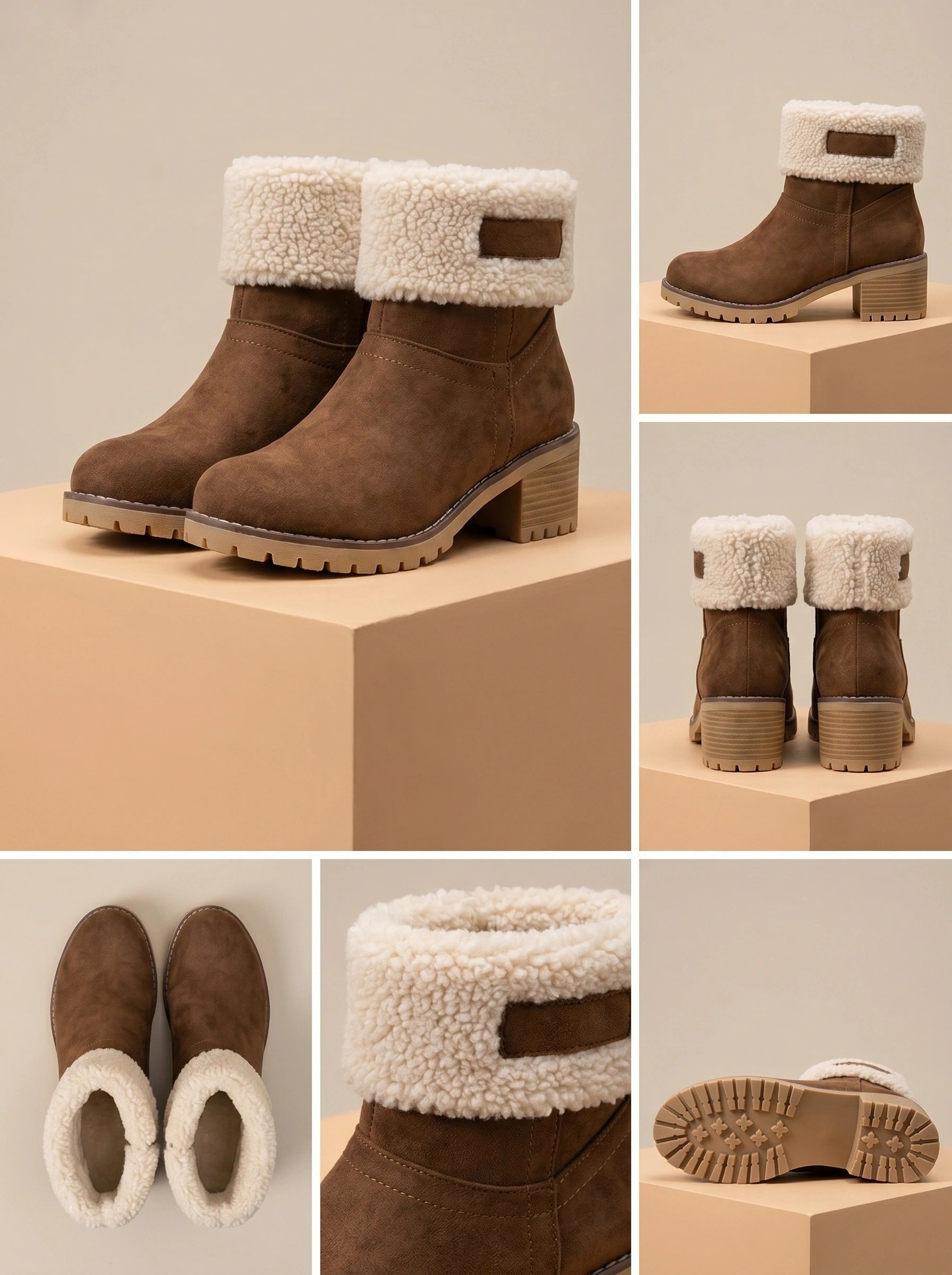 Back view of women's cuffed ankle boots showing soft Sherpa accents, showing their construction and comfortable fit against a neutral background.