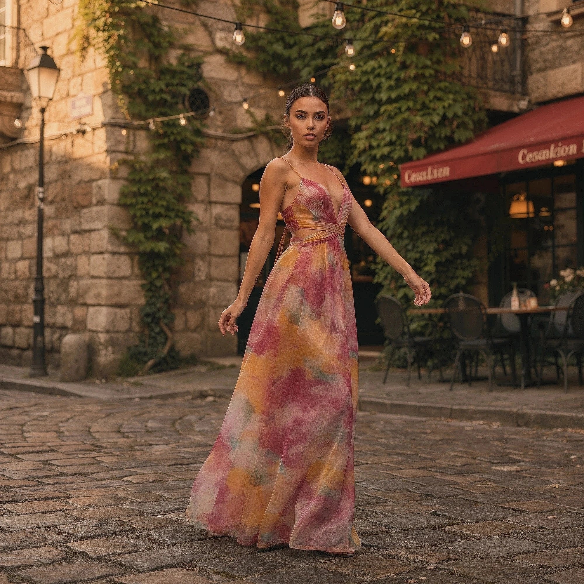 View of a relaxed floral maxi dress featuring adjustable straps, with a vibrant floral print on lightweight fabric
