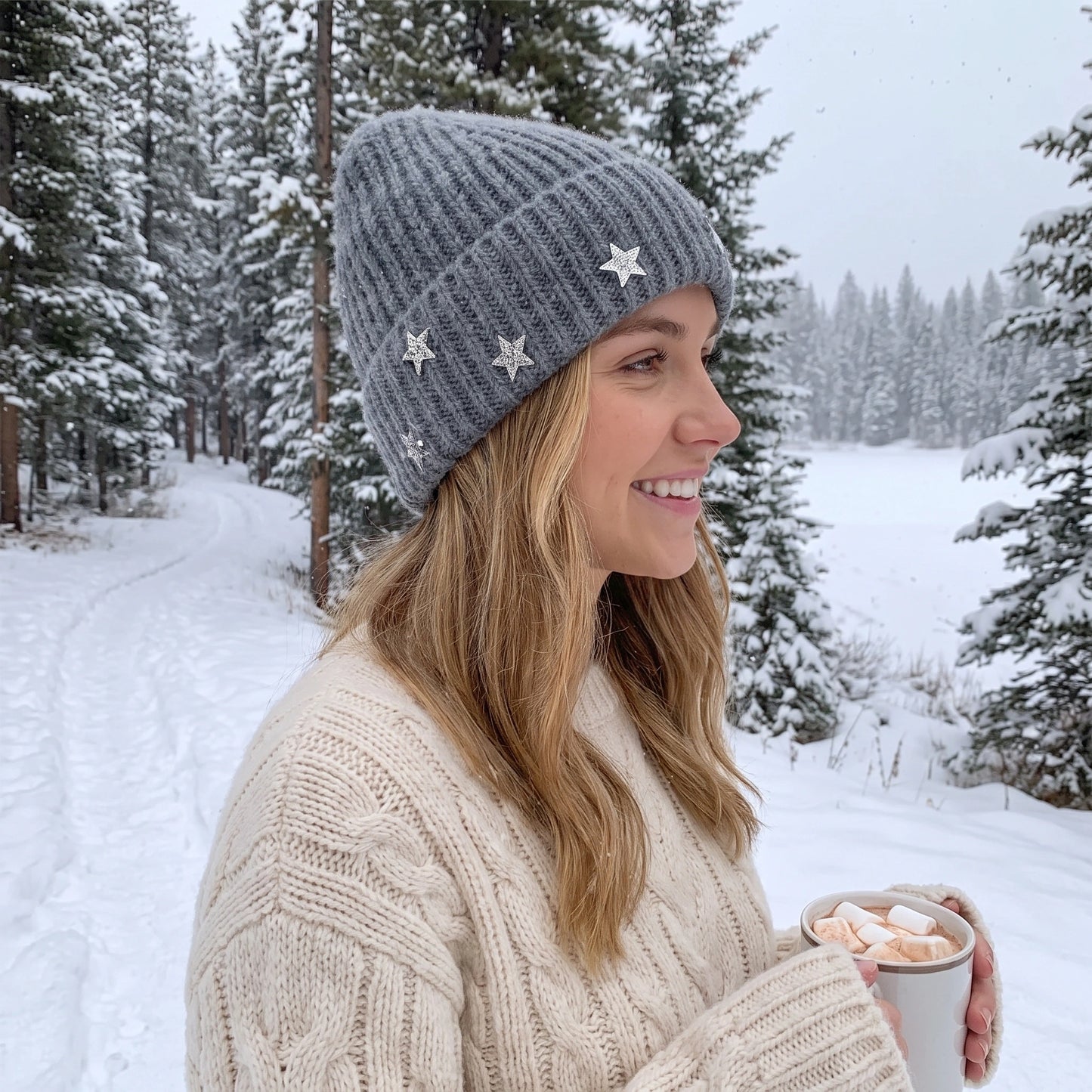 Model showcases a women's cozy sparkly winter beanie in a soft neutral tone, styled with a matching high waisted coat against a wintery outdoor backdrop.