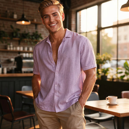 Light blue casual short sleeve button shirt made of soft cotton, featuring a relaxed fit and a subtle check pattern, view