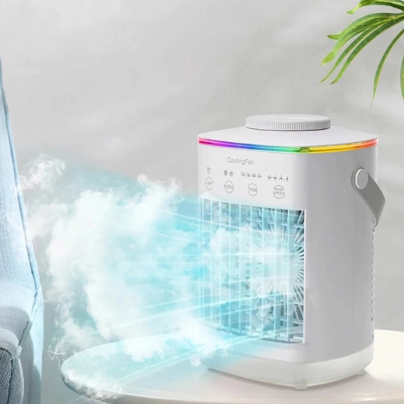 View highlighting the control panel of a compact air cooler, featuring adjustable settings and a soothing LED night light