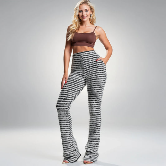 View of soft stretch trousers in a light gray color, featuring a relaxed fit and elastic waistband