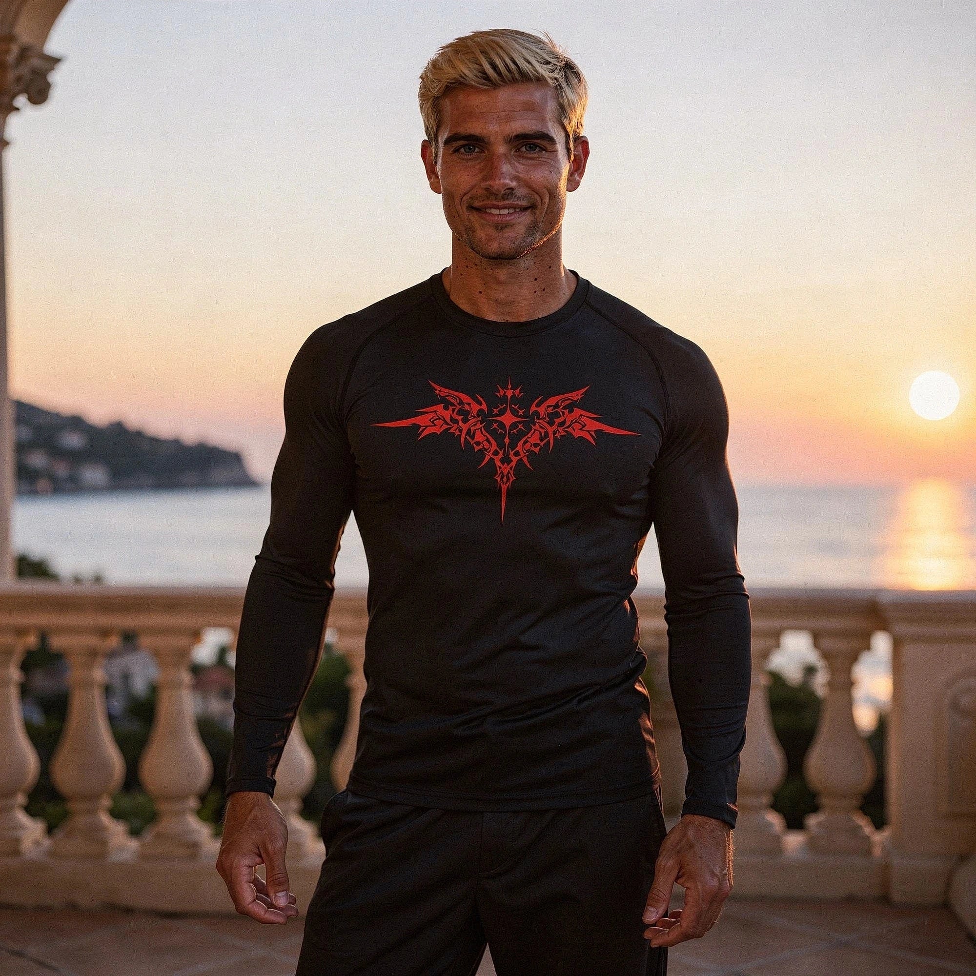 View of a black men's compression tee made from quick drying material, showcasing short sleeves and a fitted design