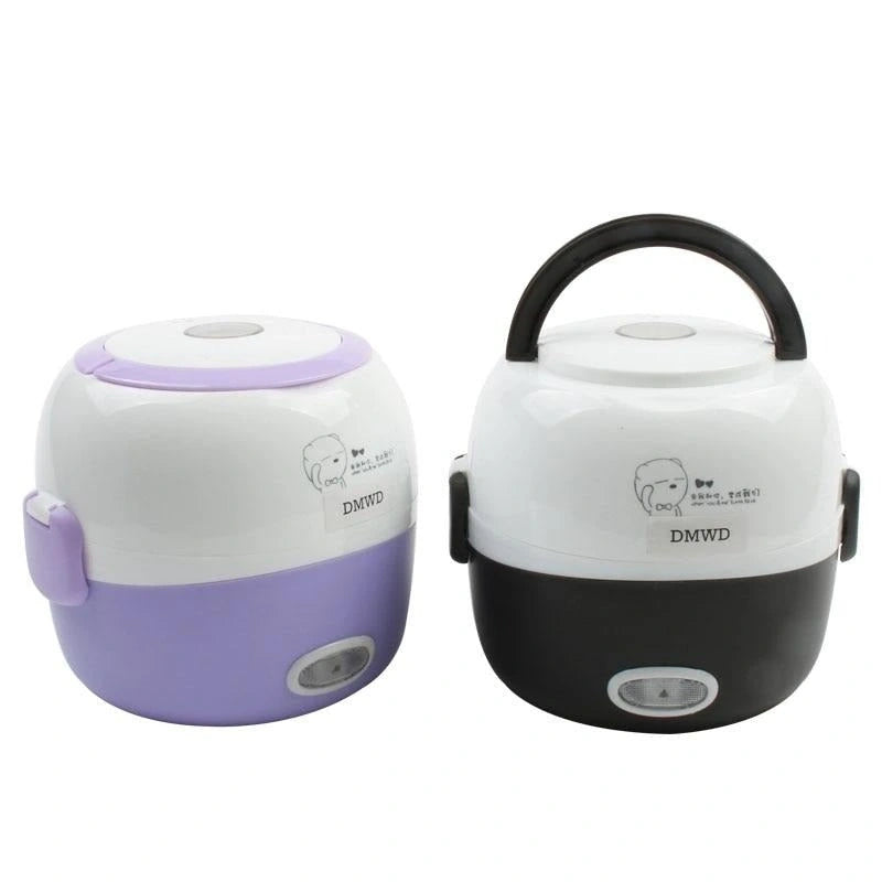 View of a stylish portable electric lunch box steamer in sleek gray, showcasing the lid, steam vents, and ergonomic handle