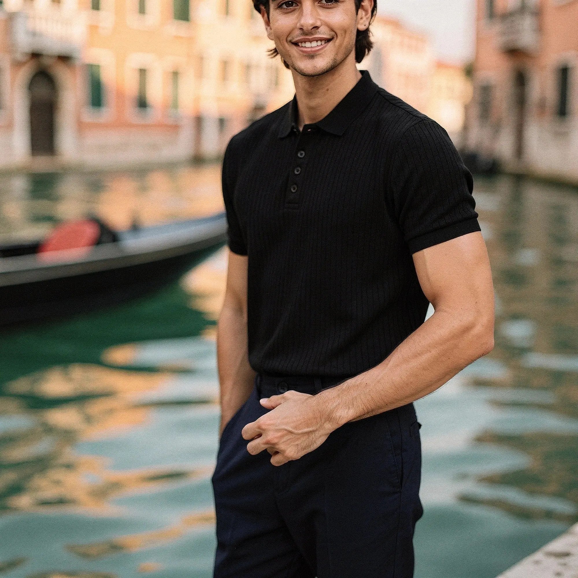 View of a slim fit short sleeve polo t shirt in light blue, made from breathable cotton, featuring a classic collar and subtle stitching