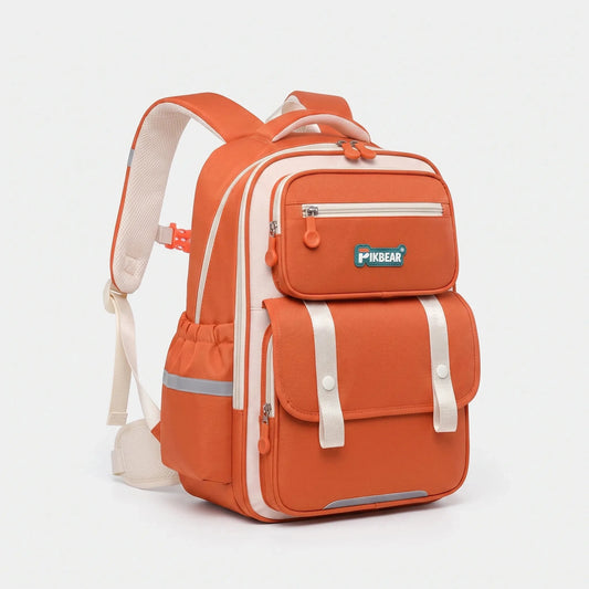 View of a structured ergonomic nylon school backpack in dark blue, featuring padded shoulder straps and a spacious compartment