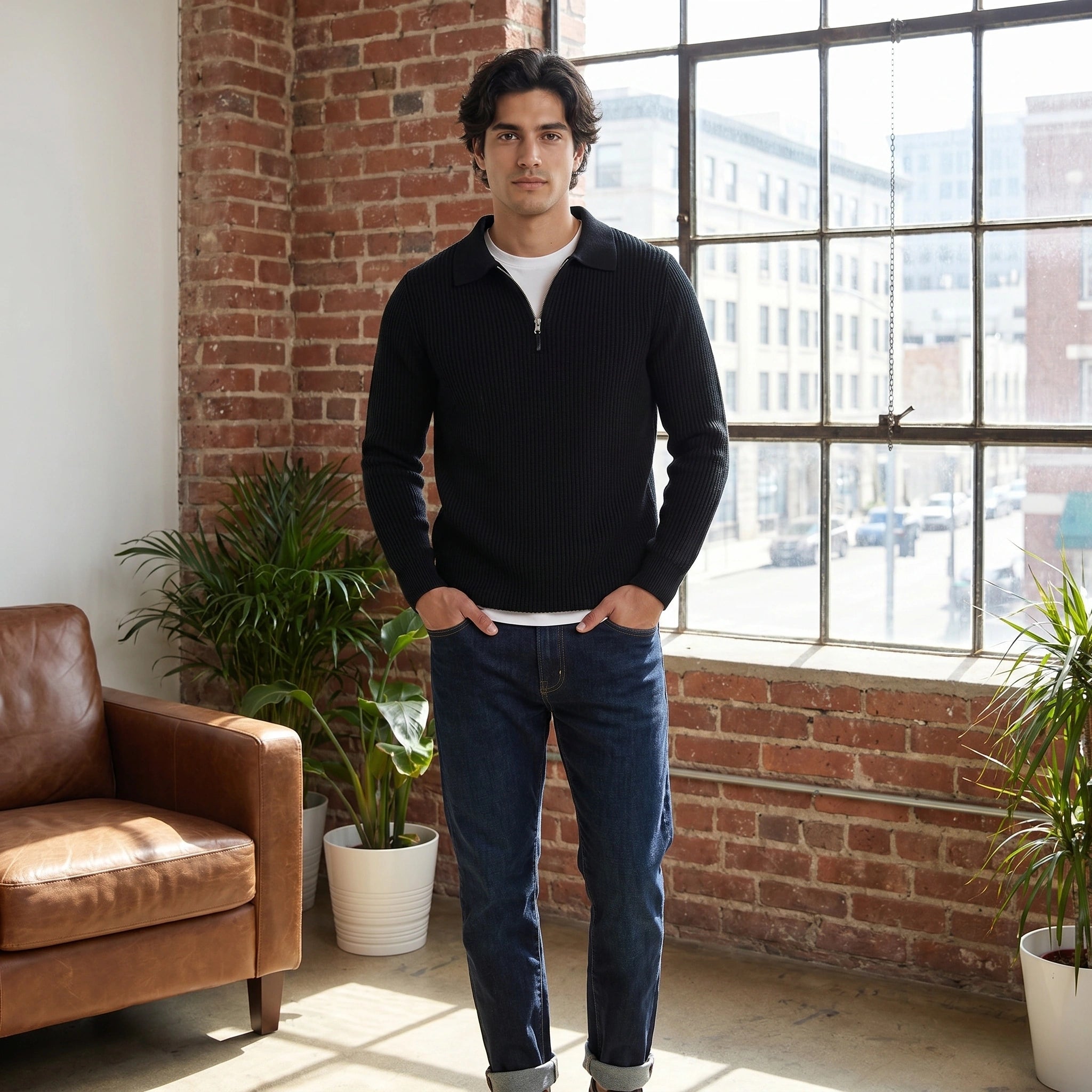 Close up view of the men's relaxed quarter zip sweater showing the soft fabric texture, precise stitching, and polo collar design in a classic navy blue color.