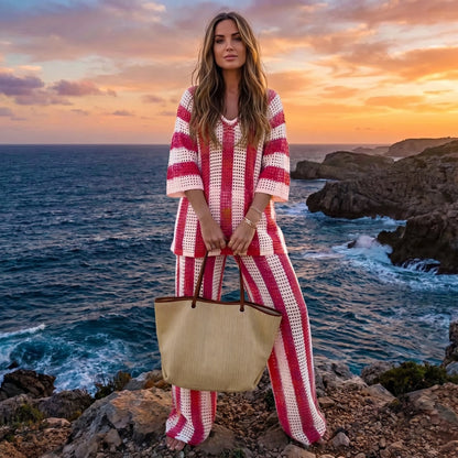 Close up view of the lightweight, airy fabric and intricate stitching of the Womens Airy Boho Summer Beach Set, showing its effortless summer style.