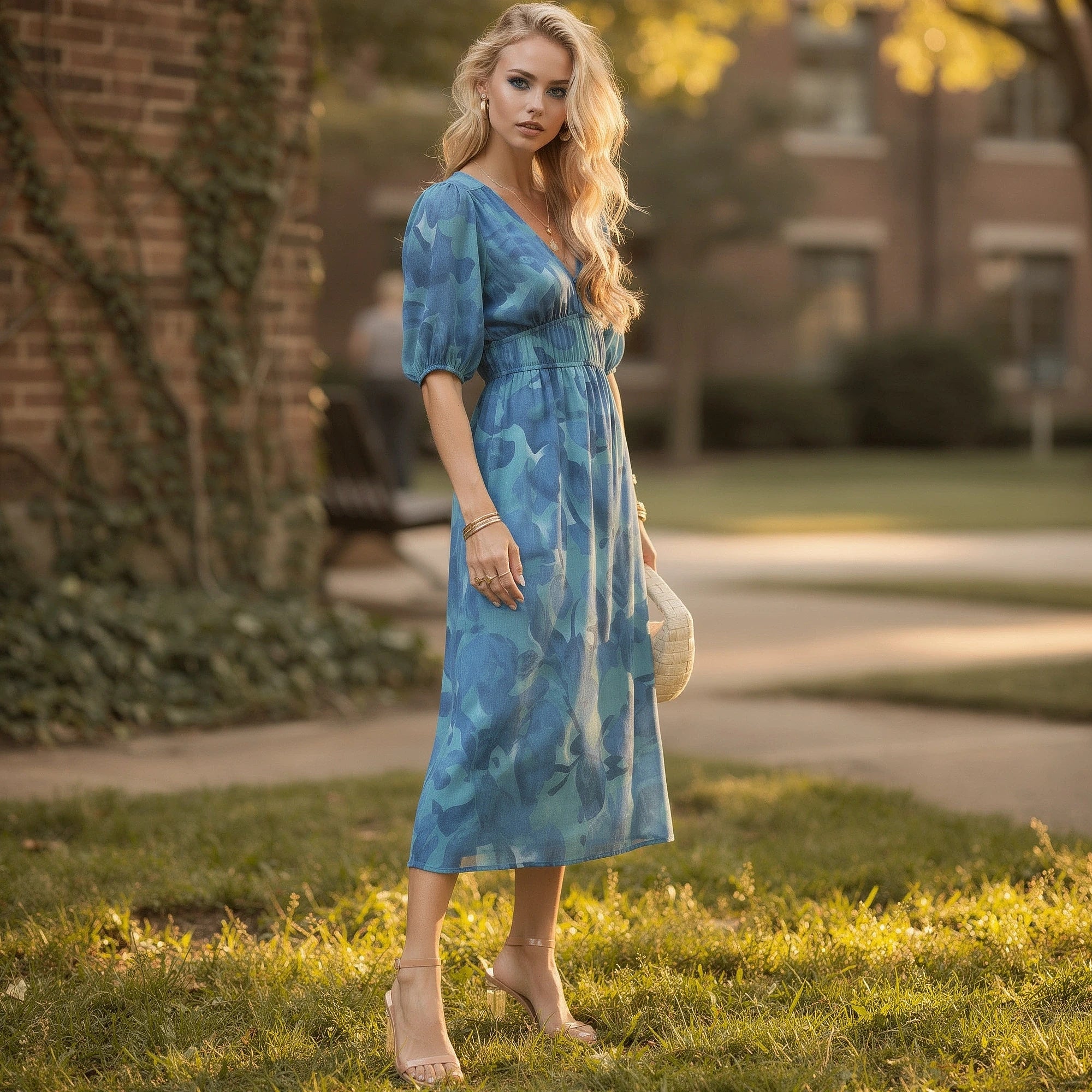 View of a floral midi dress featuring a fitted bodice, flowing skirt, and vibrant multicolored floral patterns on a light background