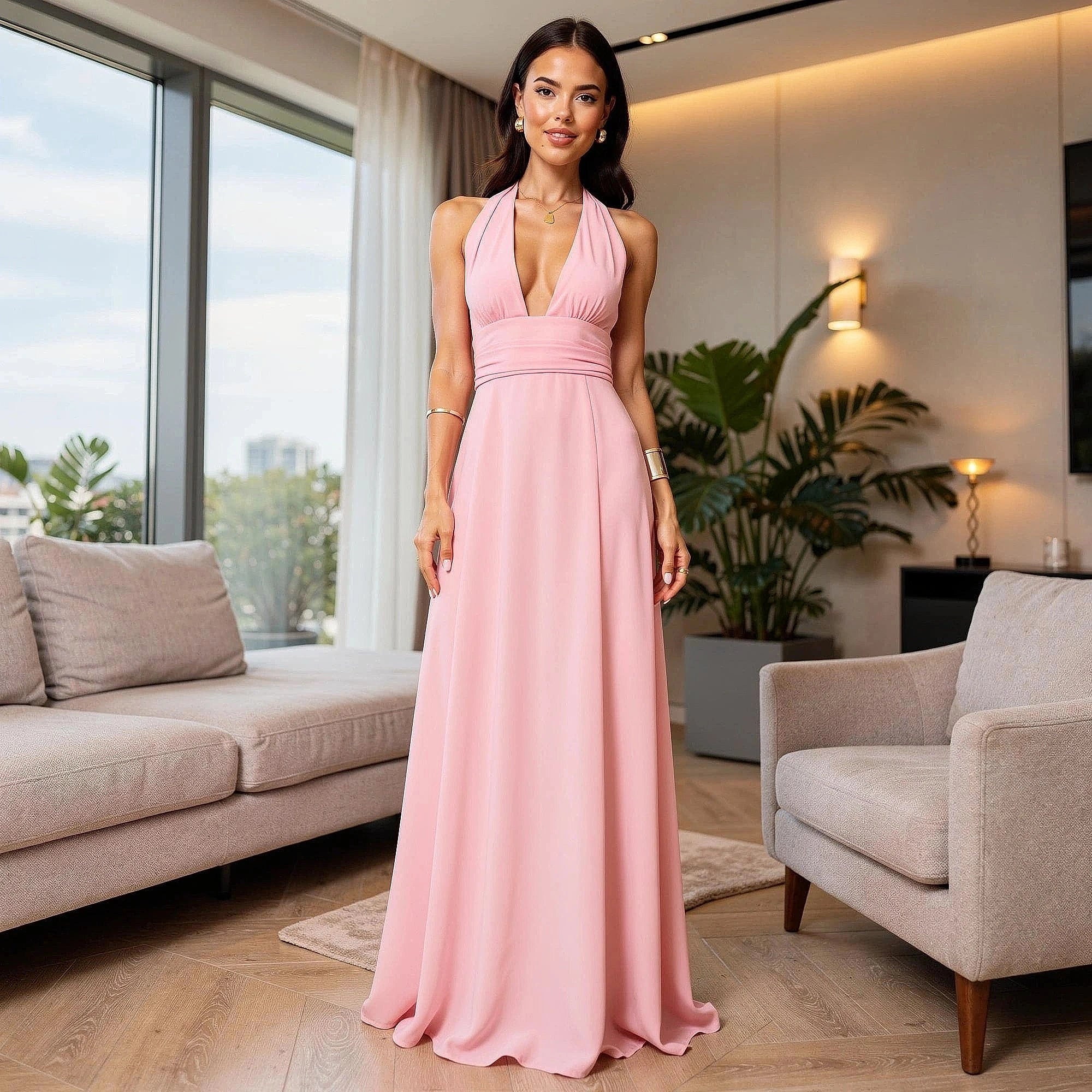 Elegant plunge maxi dress in deep burgundy with a flowing silhouette and delicate fabric, view showcasing neckline and draping