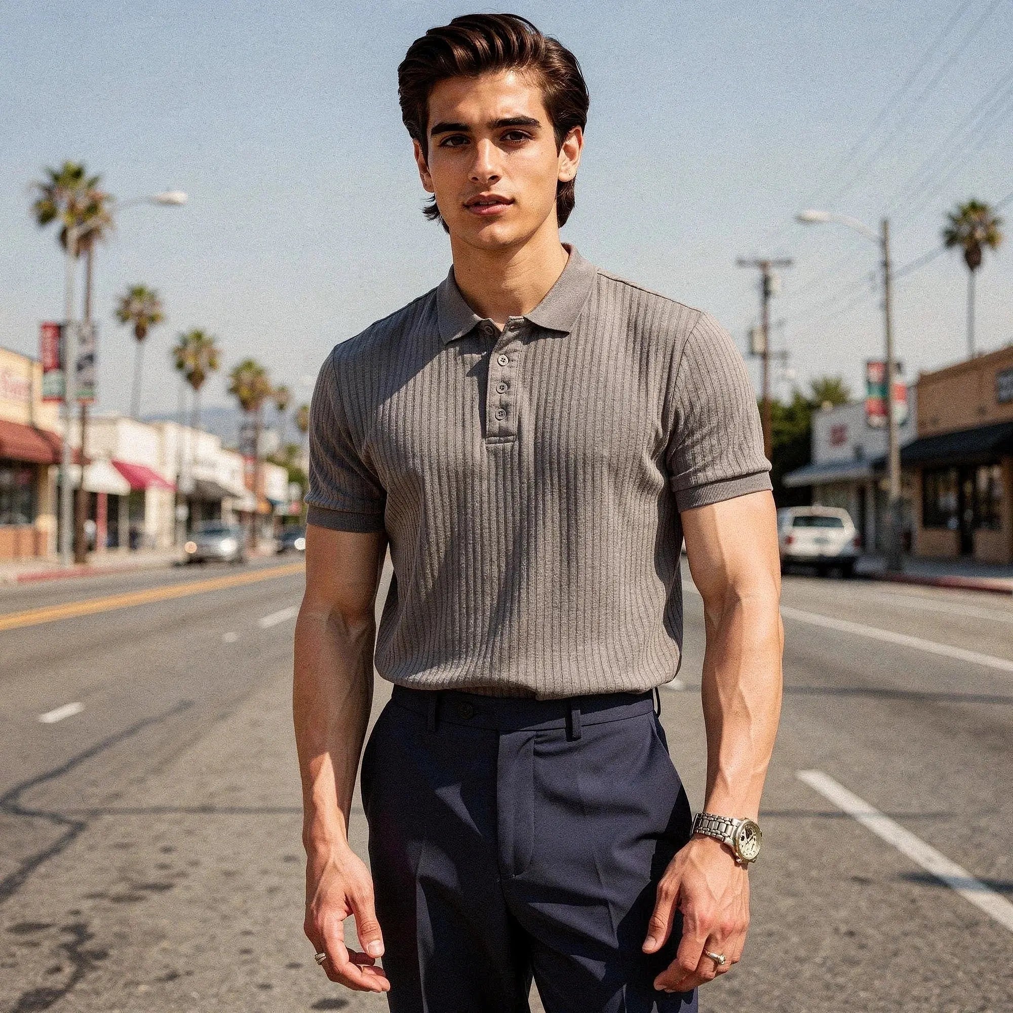 View of a slim fit short sleeve polo t shirt in light blue, made of breathable cotton, featuring a classic collar and subtle stitching