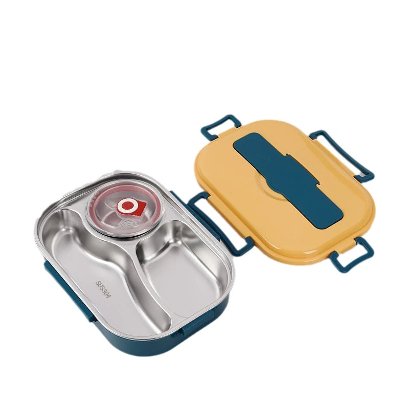 View of a modern stainless steel lunch box with a sleek design, featuring a secure lid and insulated interior