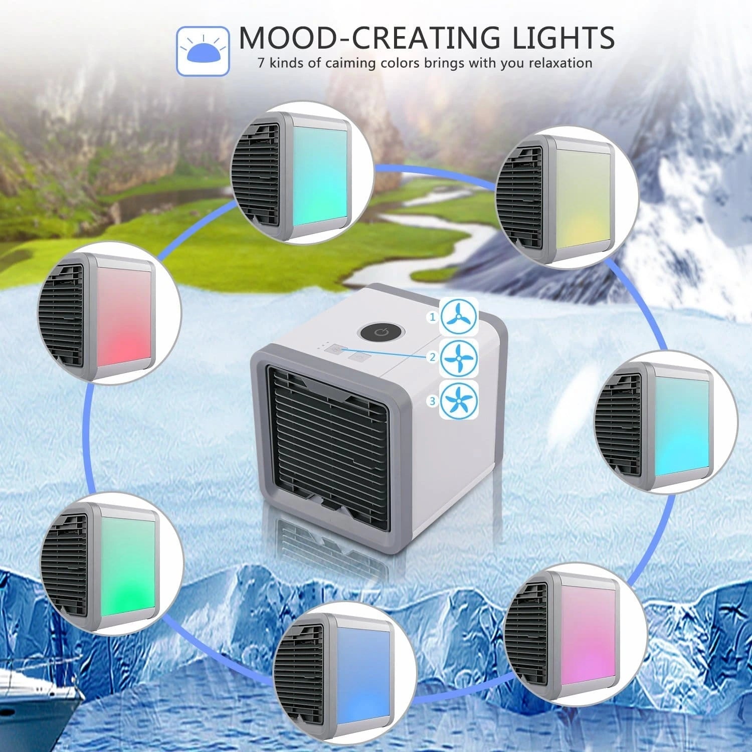 View highlighting the control panel and adjustable settings for the air cooler, humidifier, and purifier functions