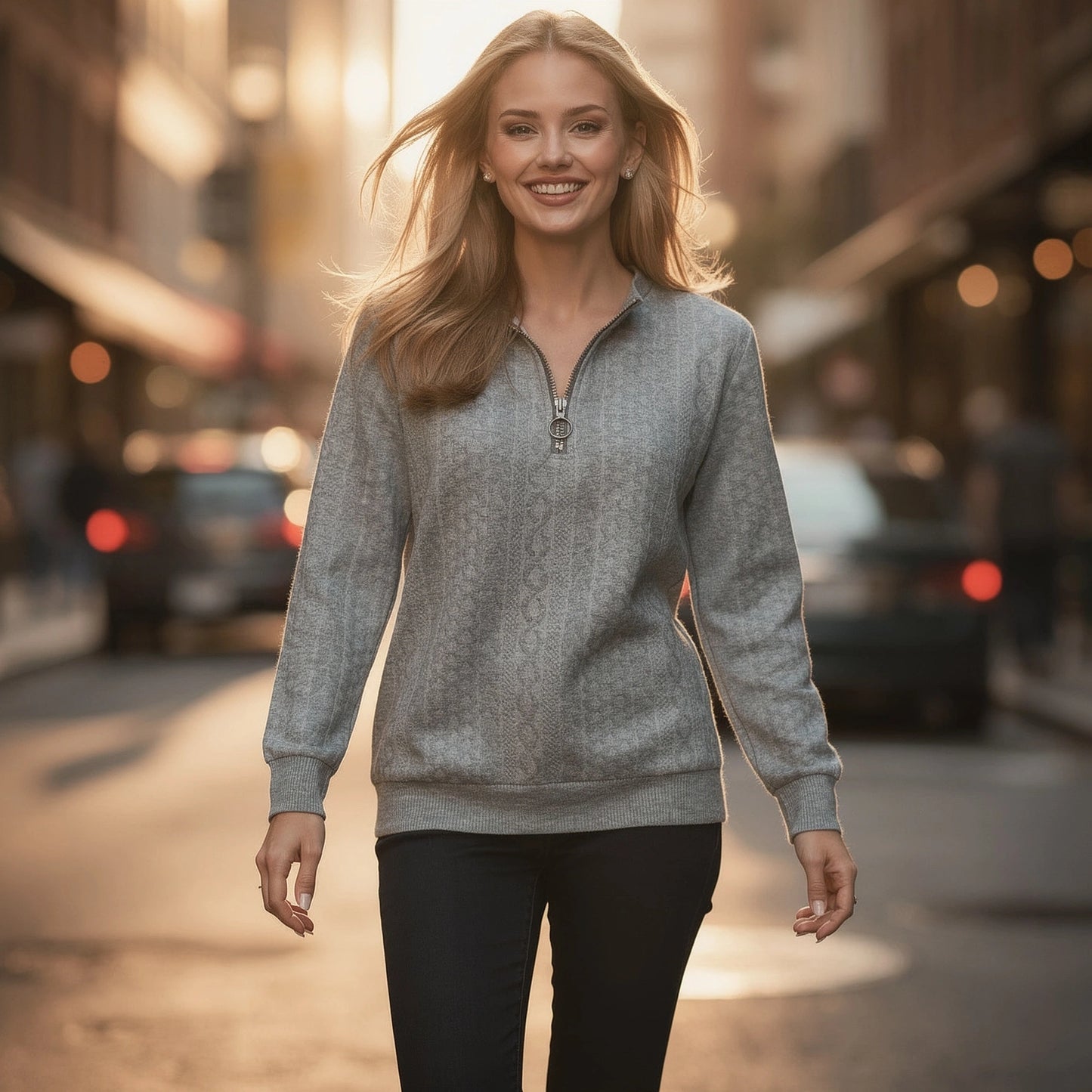 View of a soft, lightweight half zip top in elegant cream, featuring a high collar and subtle stitching details