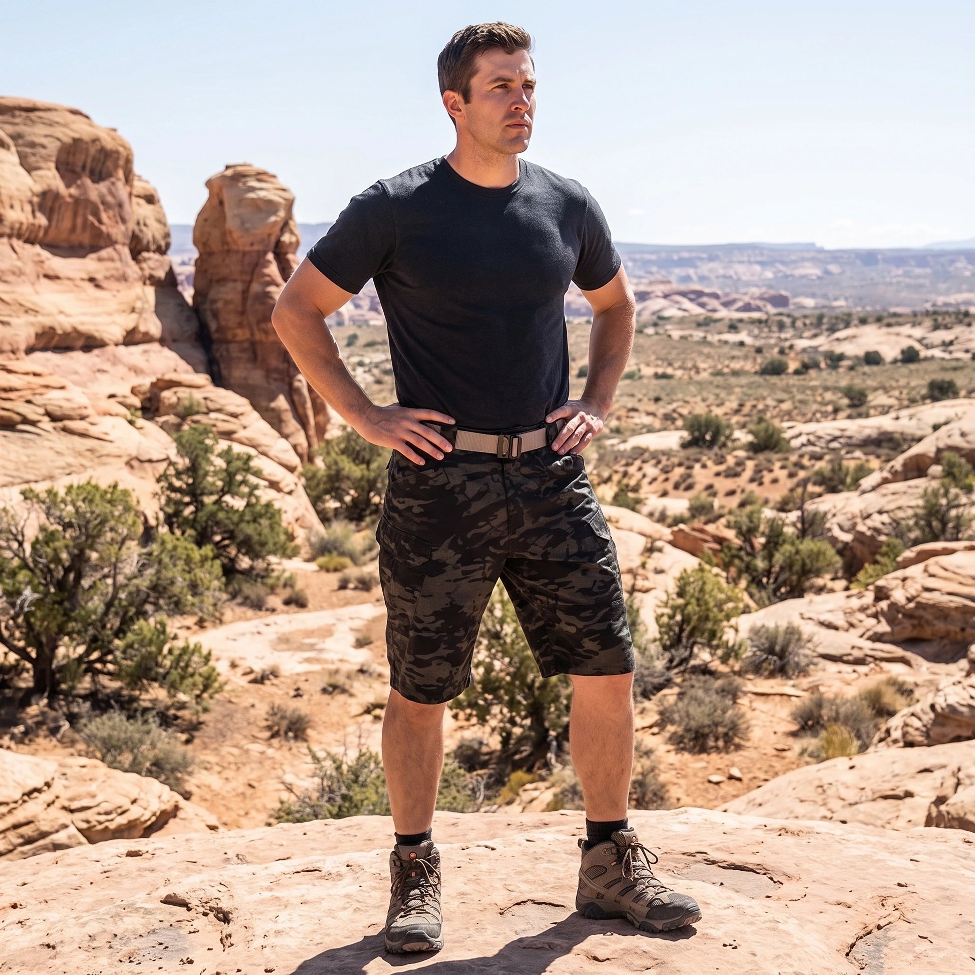 Close up view of the durable fabric and precise stitching of Mens Functional Practical Cargo Shorts, showing their quality and design for outdoor adventures.