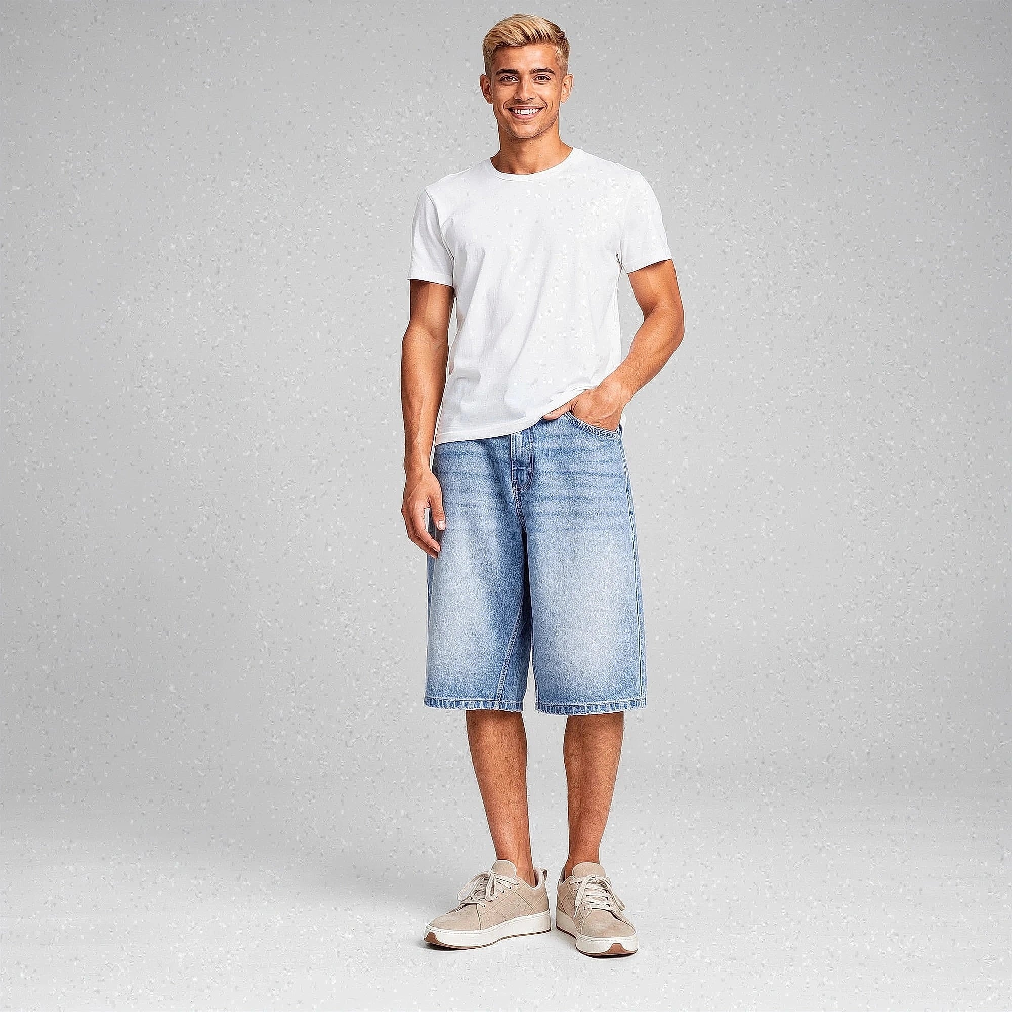 View of casual loose fit denim jorts in light blue, featuring five pockets and a relaxed design