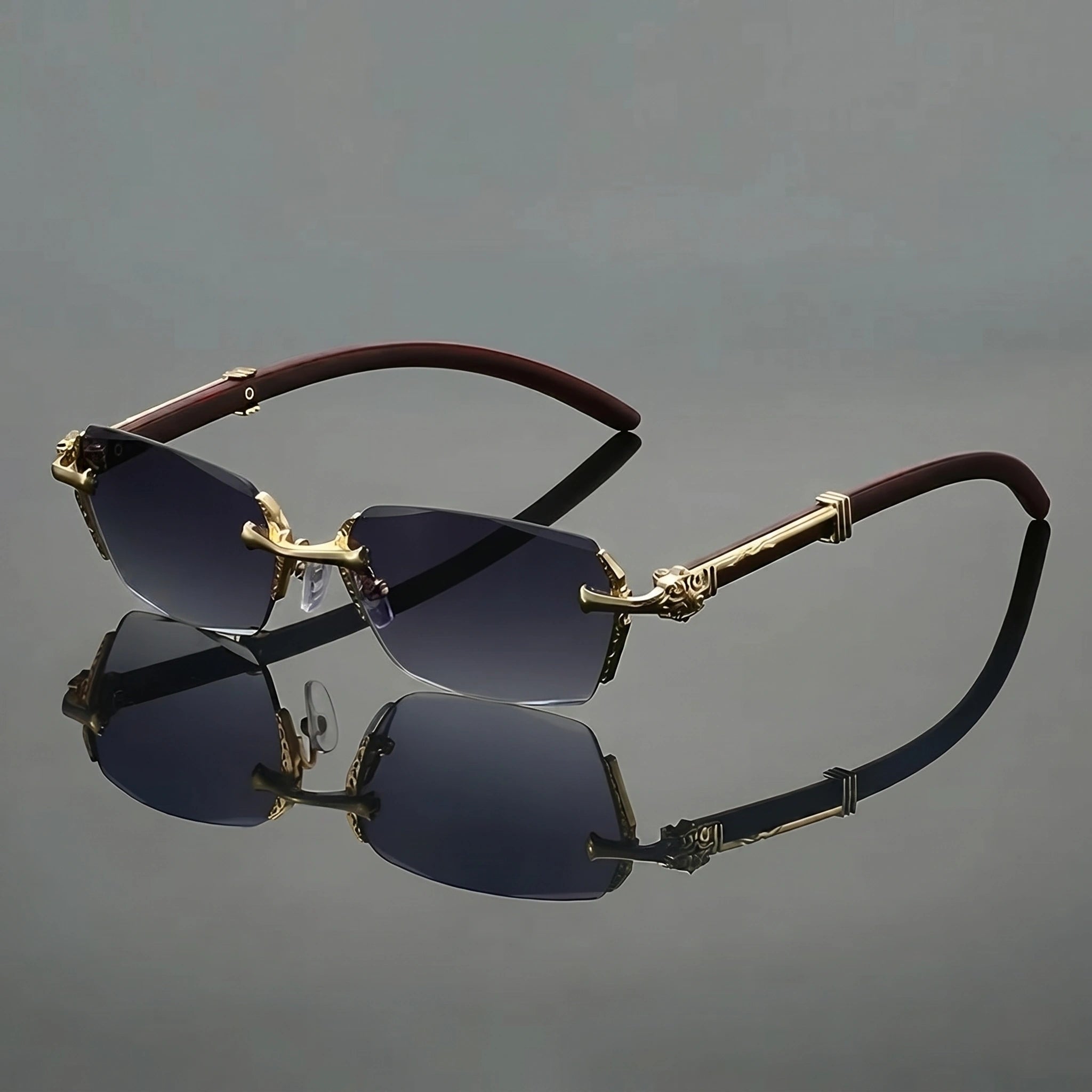 Close up of the men's gradient semi rimless sunglasses showing the sleek frame design and polished finish against a neutral background.