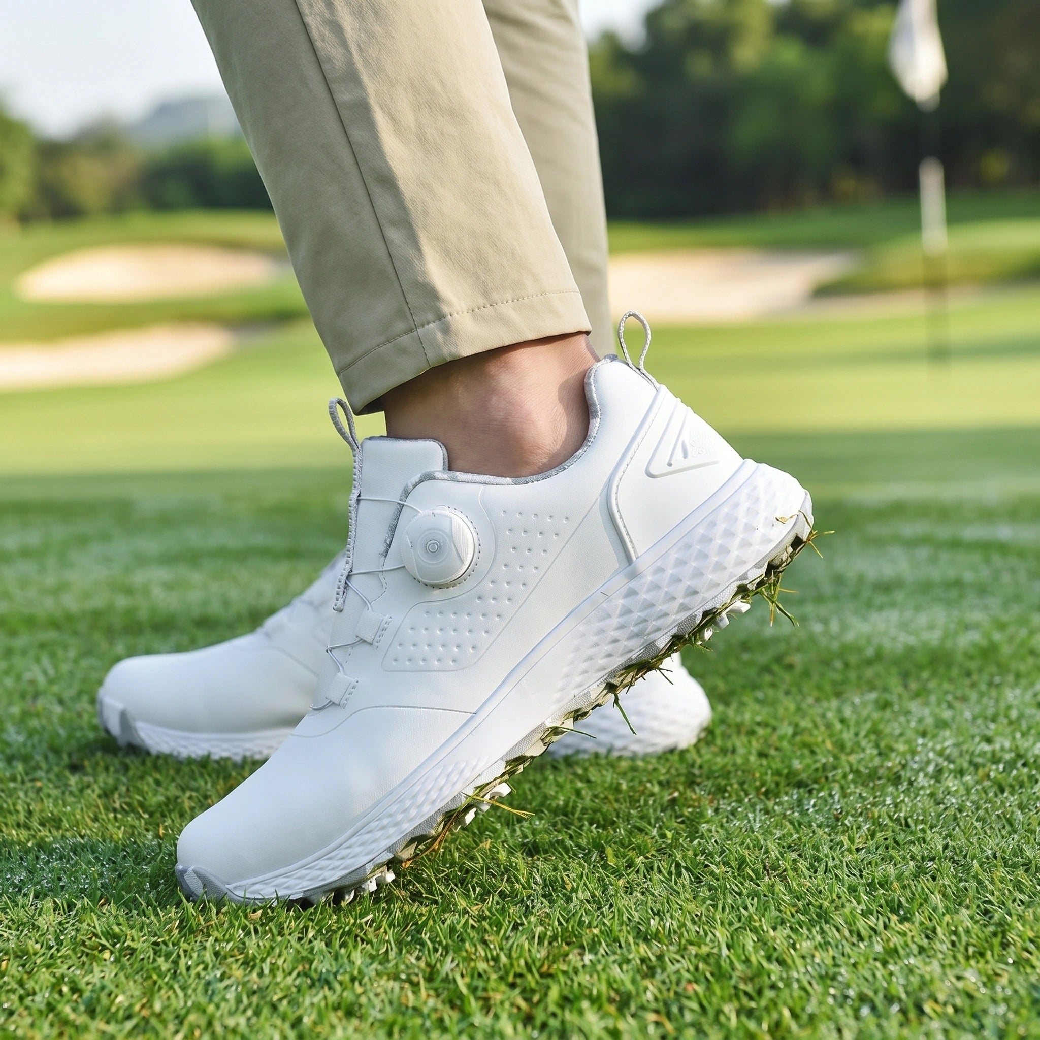 Close up view of the men's waterproof casual golf sneakers showing intricate stitching and premium fabric texture, ideal for outdoor activities.