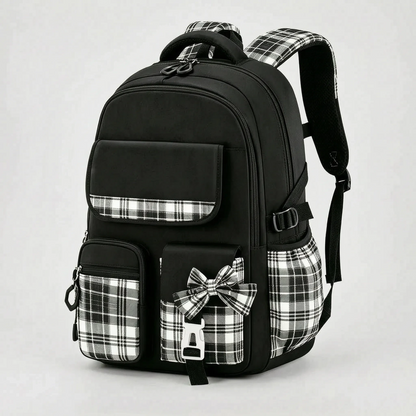 View of a stylish checkered school backpack featuring padded shoulder straps and a spacious compartment