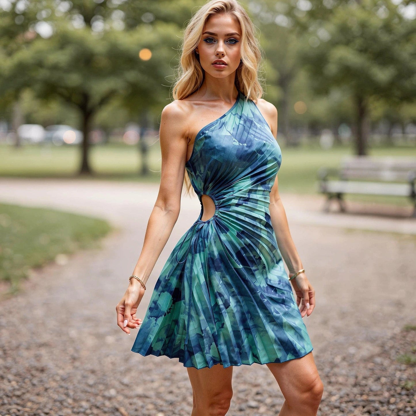 View of a cut out waist dress in soft fabric, featuring a vibrant floral pattern and a fitted silhouette