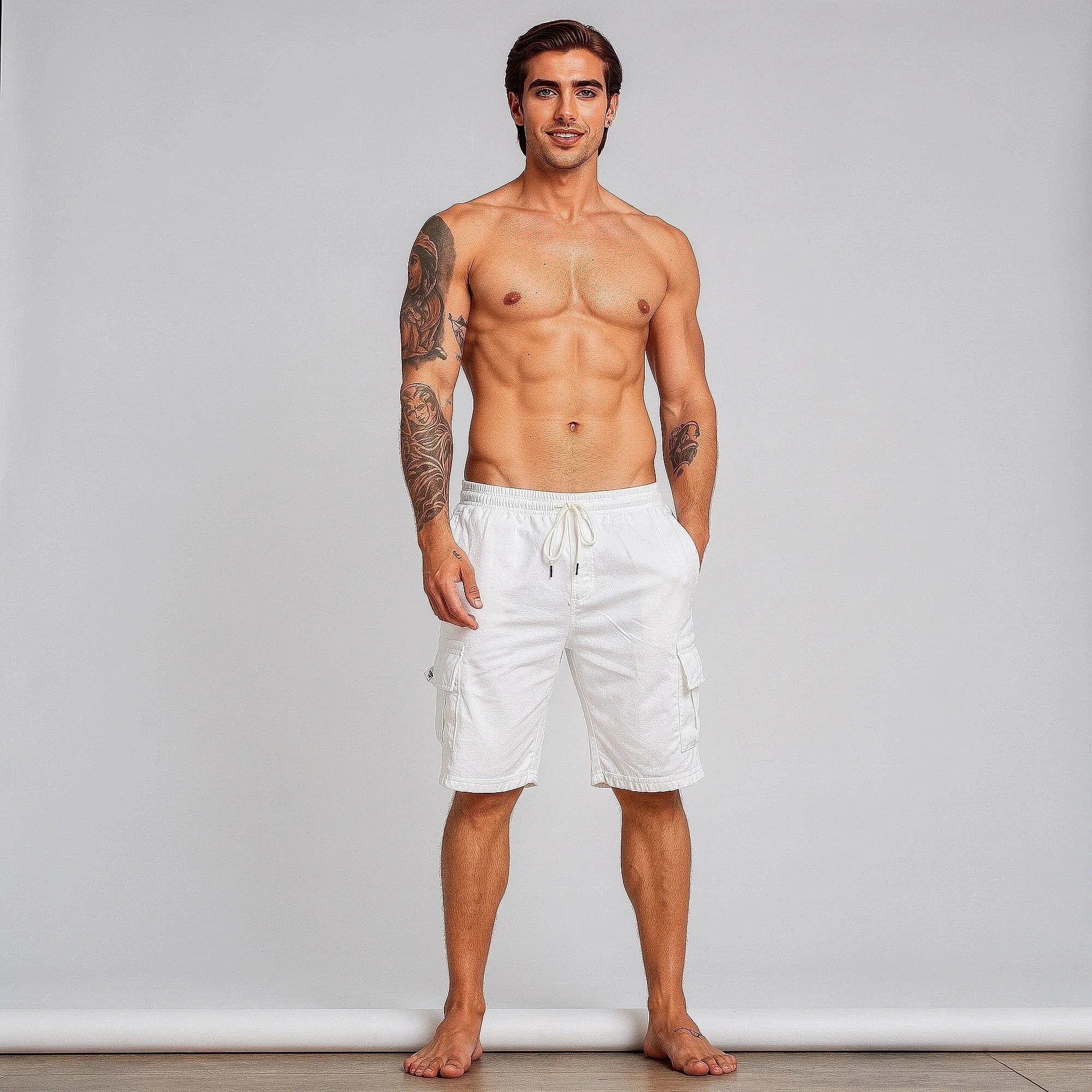 Light gray breathable cargo shorts made of cotton, featuring multiple pockets and a relaxed fit, view