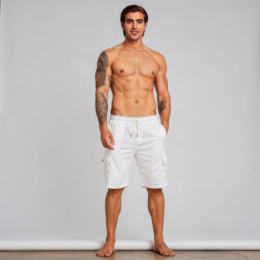 Light gray breathable cargo shorts made of cotton, featuring multiple pockets and a relaxed fit, view