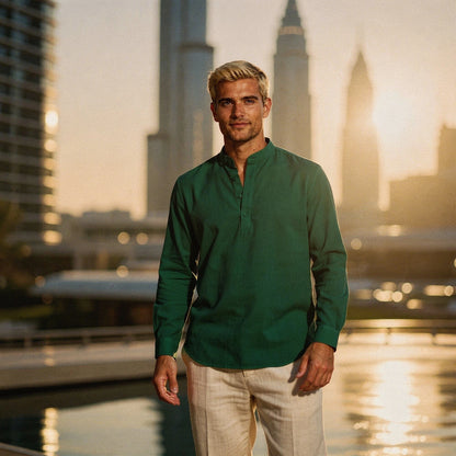 Lightweight casual henley shirt in light gray, featuring a three button placket and long sleeves, view