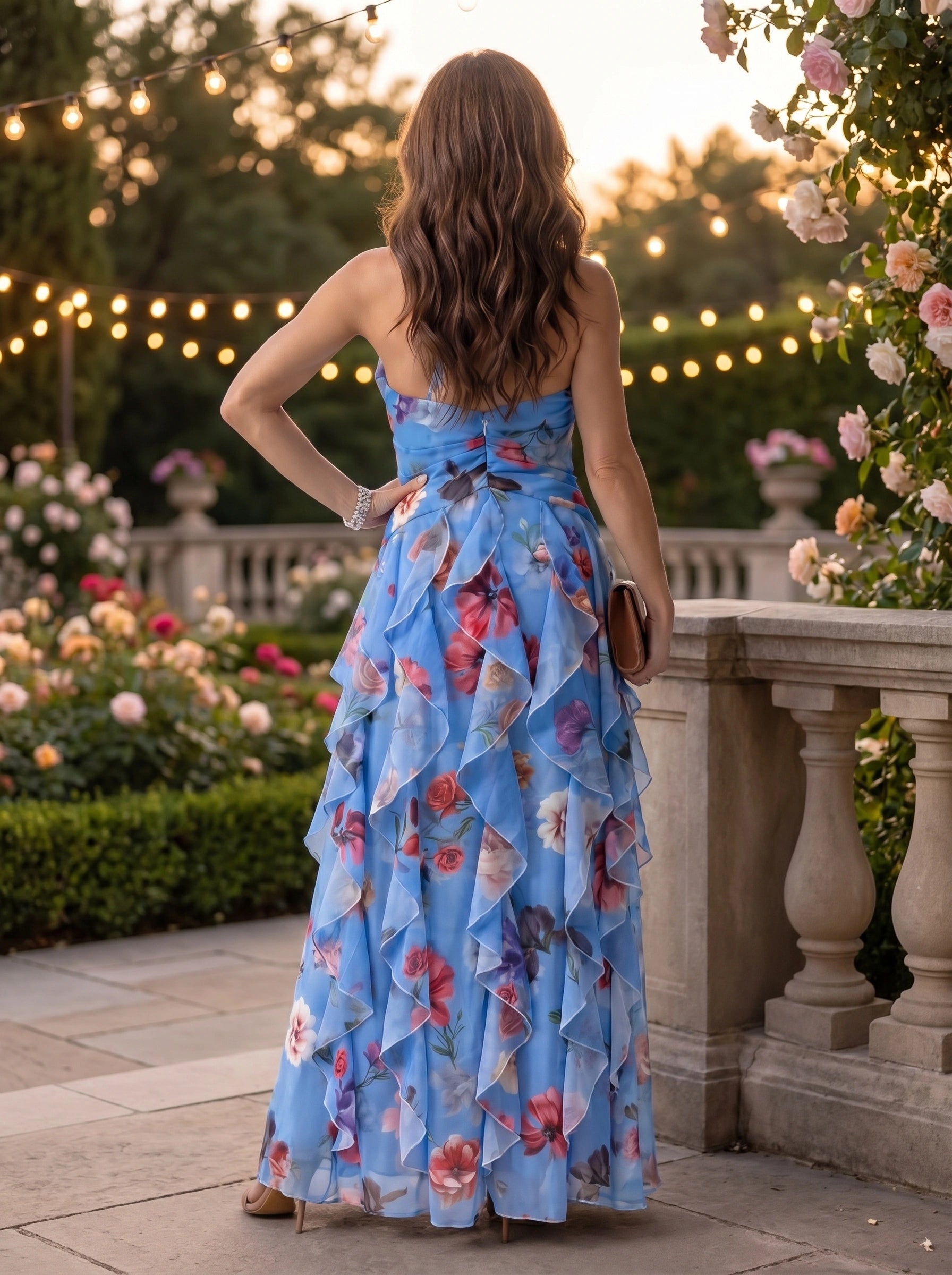 A model showcases the Womens Captivating Maxi Dress in a vibrant floral pattern, showing its flowing silhouette against a soft, neutral background.