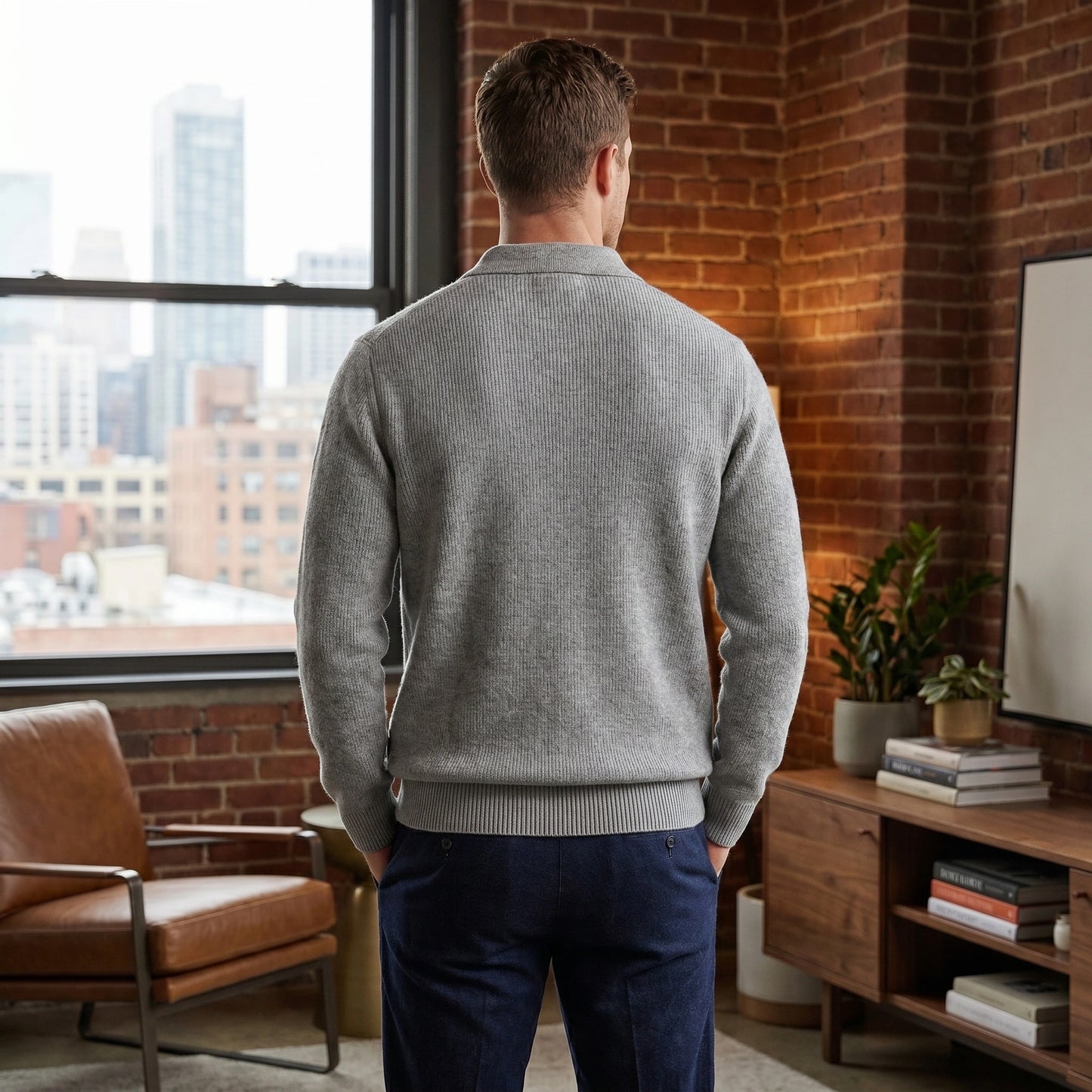 Close up of the Mens Refined Ribbed Knit Polo Sweater showing the soft fabric texture and precise stitching in a classic neutral color.