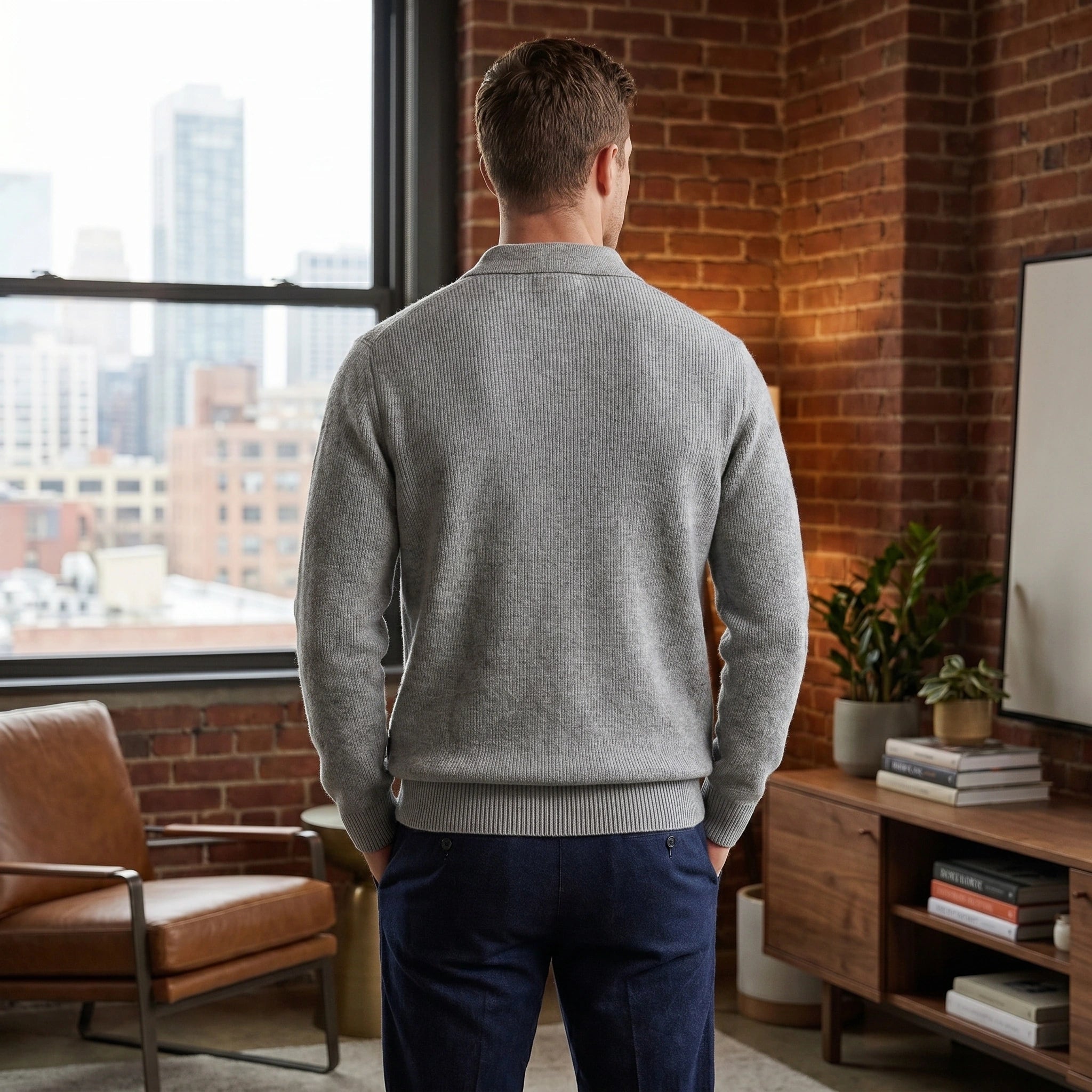 Close up of the Mens Refined Ribbed Knit Polo Sweater showing the soft fabric texture and precise stitching in a classic neutral color.
