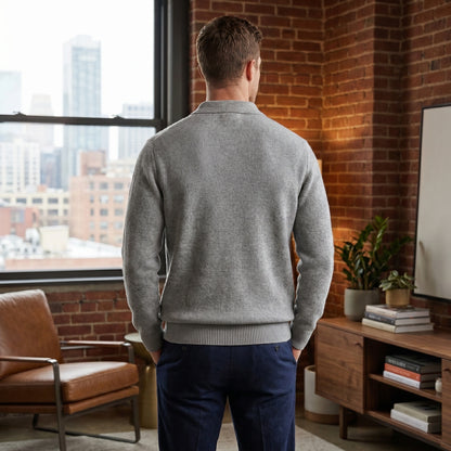 Close up of the Mens Refined Ribbed Knit Polo Sweater showing the soft fabric texture and precise stitching in a classic neutral color.