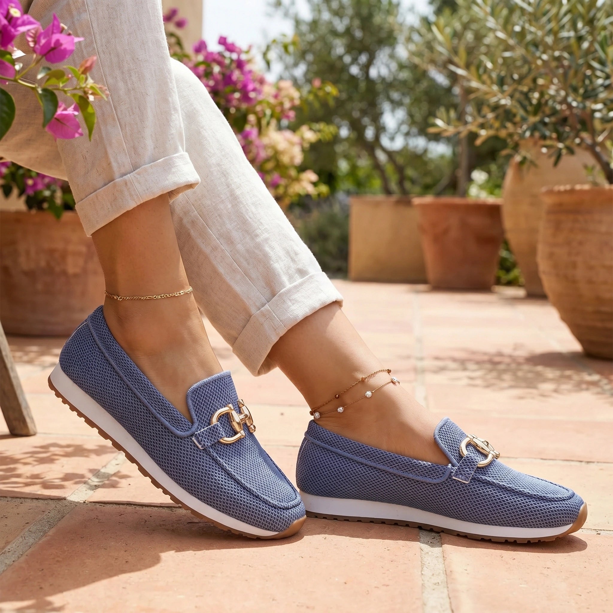 Close up of Womens Breathable Summer Orthopedic Loafers showing the fine stitching and lightweight fabric in a neutral color.