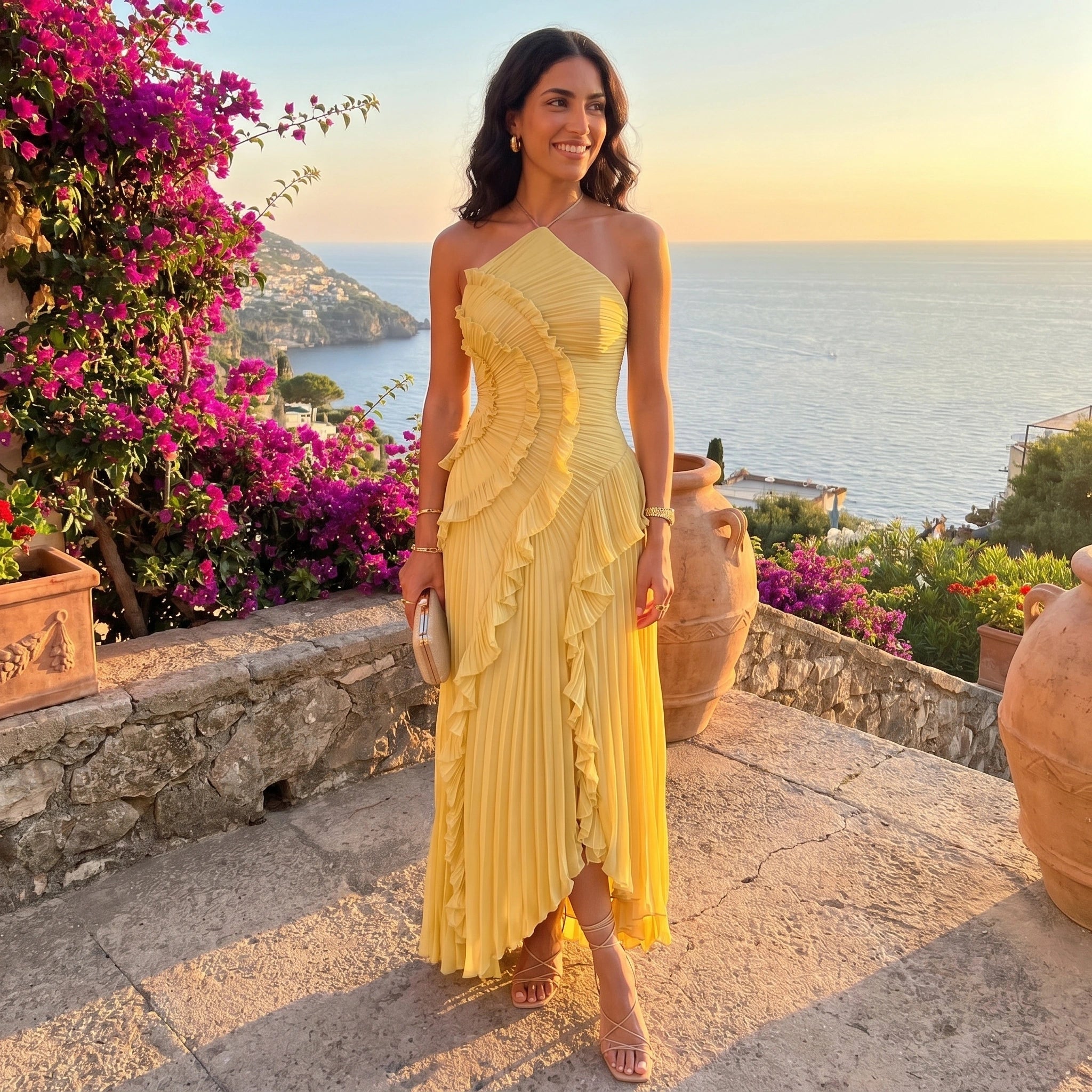 Close up view of the Womens Pleated Maxi Dress showing intricate pleating and high quality stitching in a soft, flowing fabric.