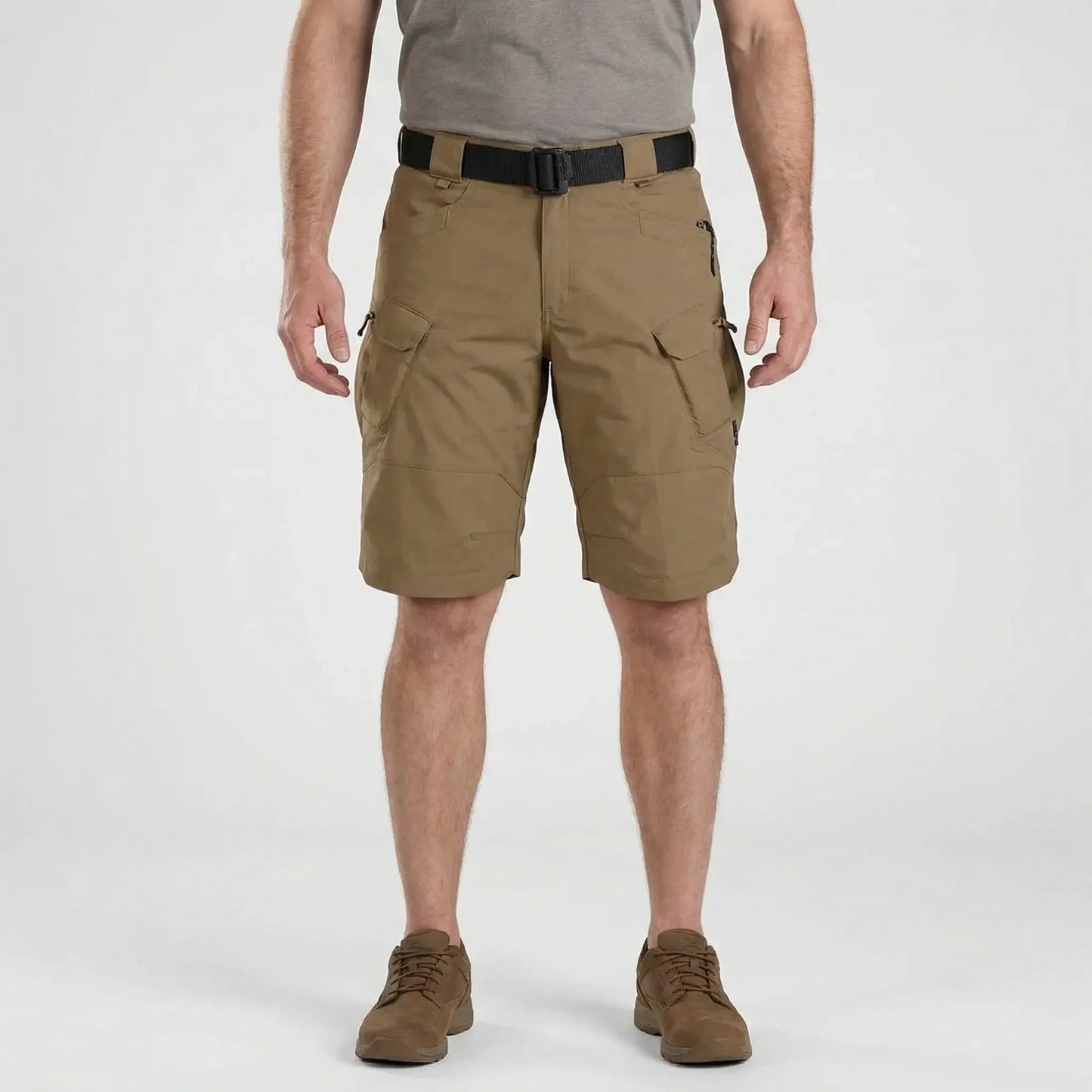 View of durable cargo shorts in khaki, showcasing multiple pockets and sturdy fabric for practical use