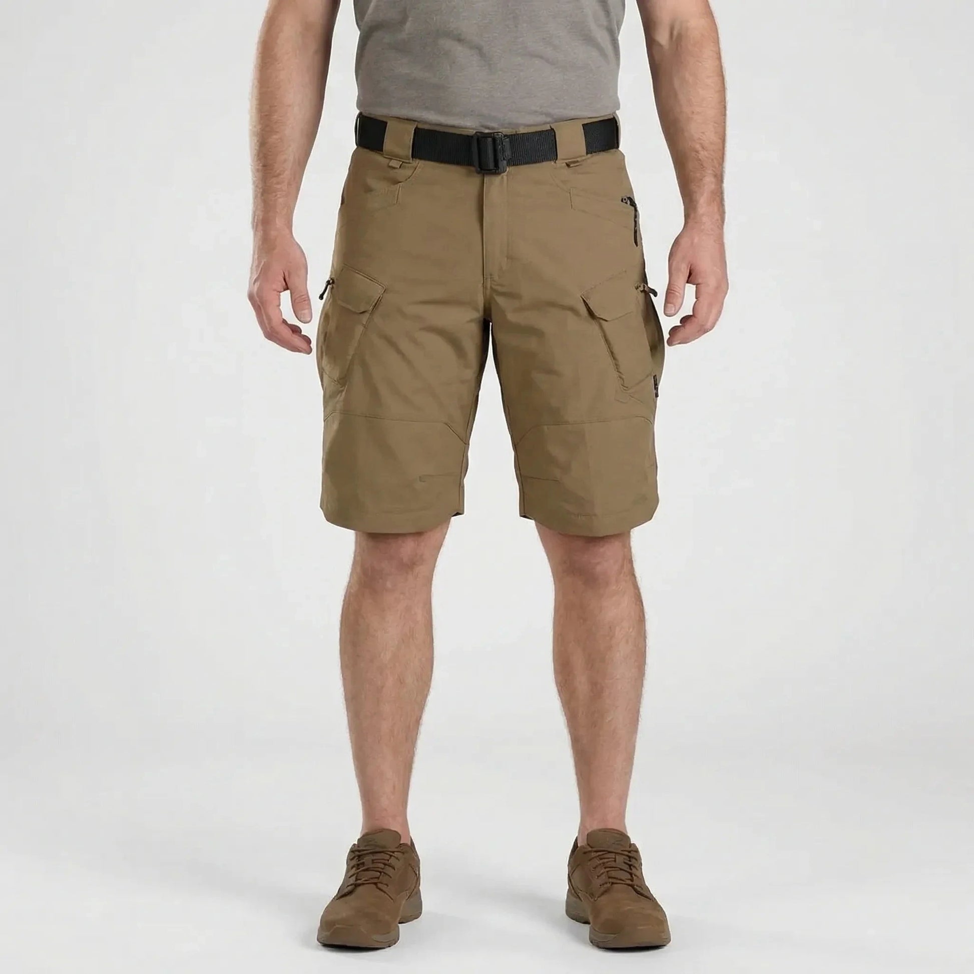 View of durable cargo shorts in khaki, showcasing multiple pockets and sturdy fabric for practical use