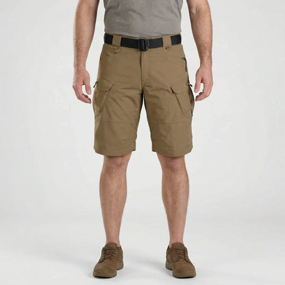 View of durable cargo shorts in khaki, showcasing multiple pockets and sturdy fabric for practical use