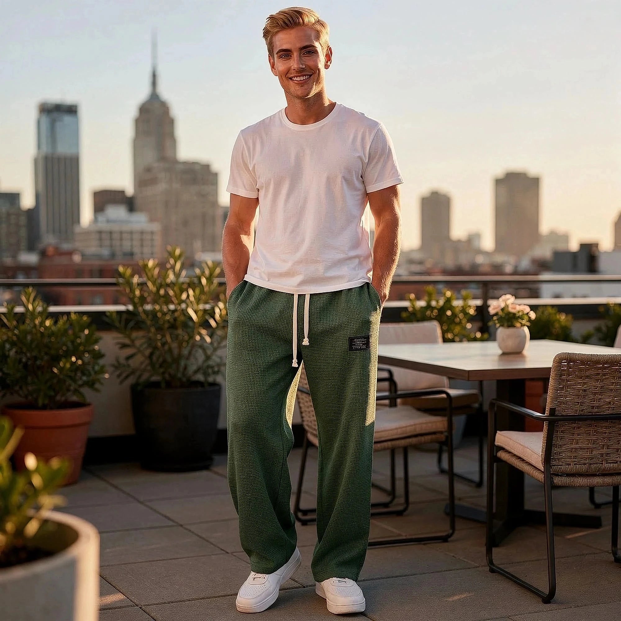 Light gray relaxed fit pants made of soft fabric, featuring an elastic waistband and pockets, view