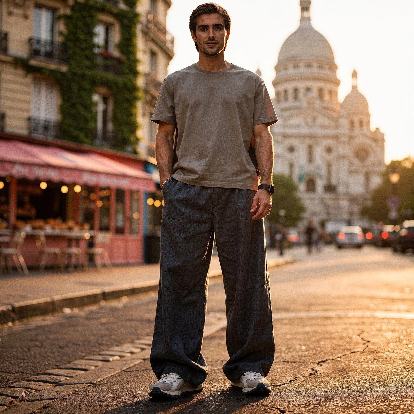 Lightweight summer trousers in light gray, featuring a relaxed fit, drawstring waistband, and pockets, view