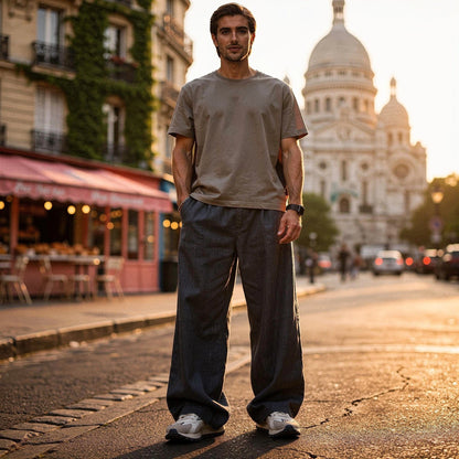 Lightweight summer trousers in light gray, featuring a relaxed fit, drawstring waistband, and pockets, view