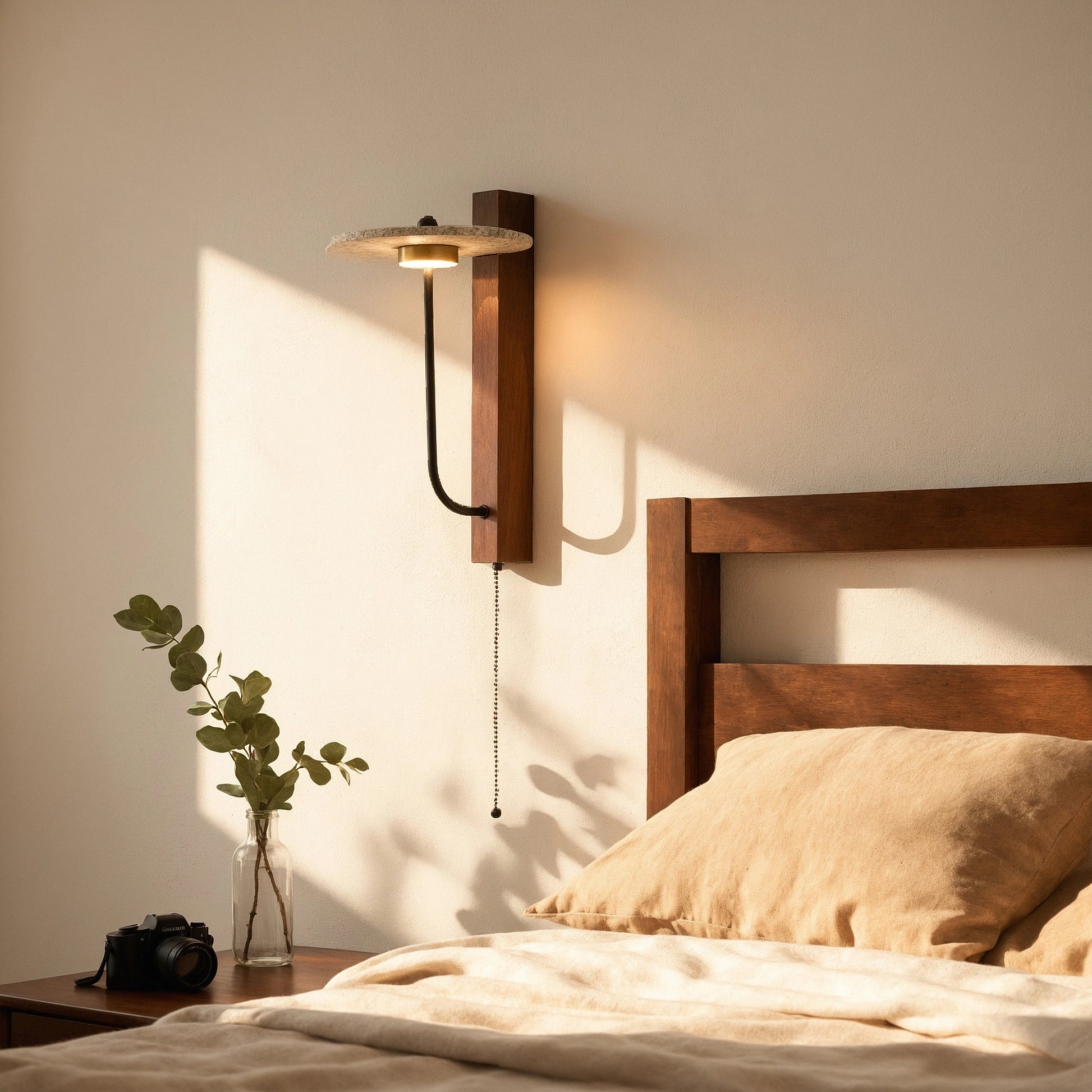 View of a natural stone wall sconce featuring warm earthy tones and a textured finish, ideal for creating cozy lighting