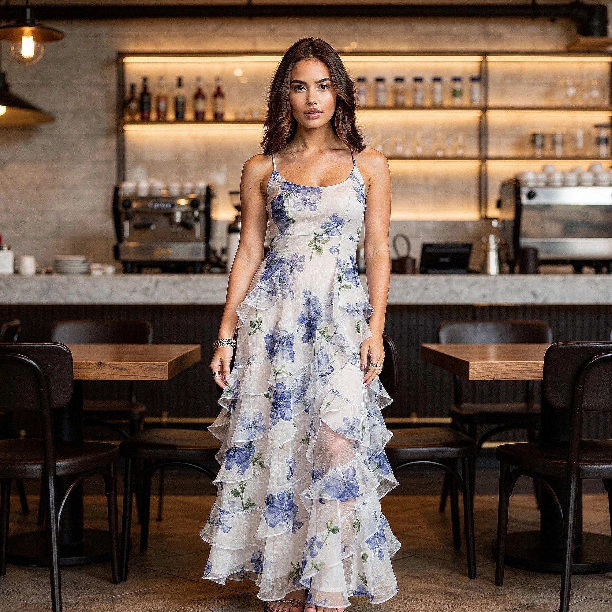 View of a flowy maxi dress featuring cut out details, made