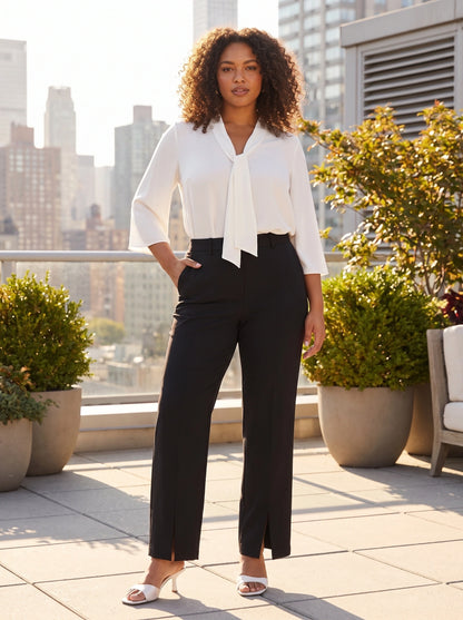 Front view of a model showing women's micro flared cropped pants in a neutral color, styled with a complementary top against a minimalist background.